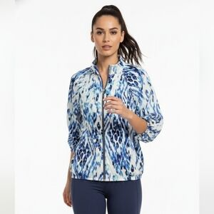 Chico's Blue White Abstract Leopard Print Zip Athleisure Jacket 2 (L)